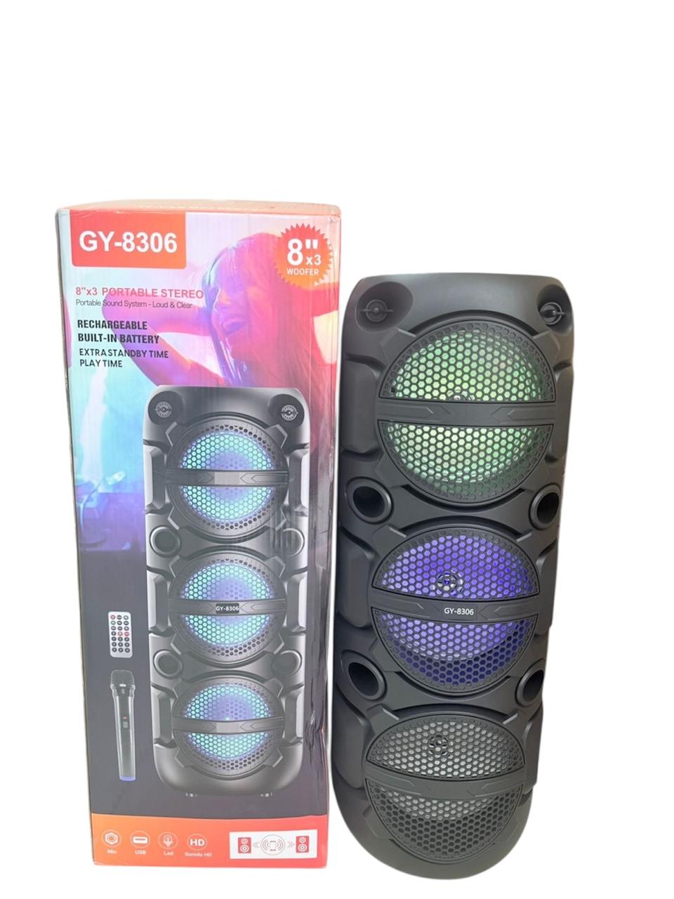 GY-8306 Portable Speaker 8"x3, Rechargeable, USB, Wireless Mic, LED Light, Remote control, TWS