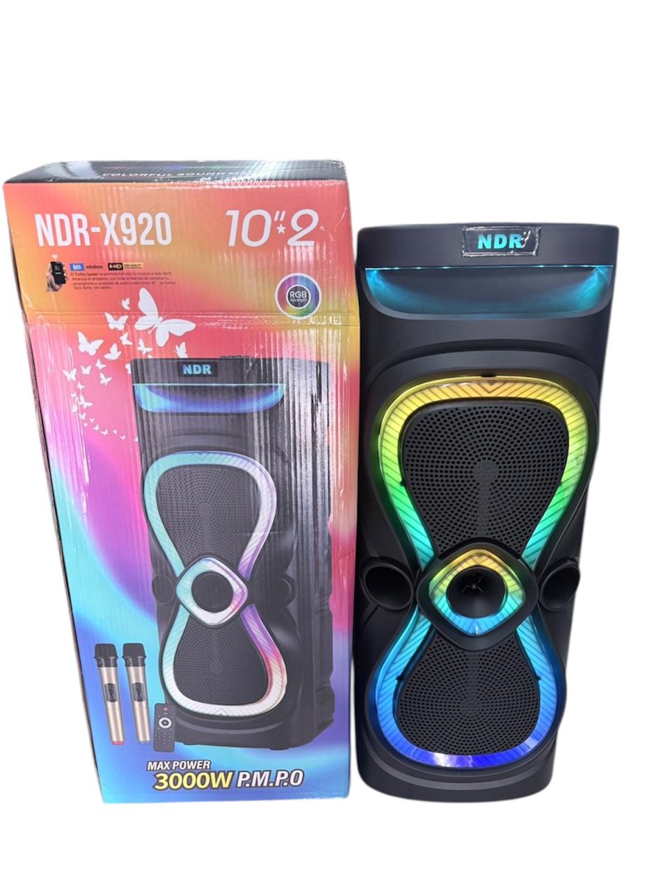 NDR-X920 Speaker, 10"x2, 3000W, Remote control, two wireless microphones, RGB, AUX, Bluetooth, SD card, Rechargeable
