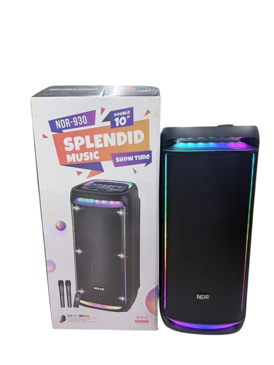 NDR-930 Speaker, 10", 5000W, Remote control, two wireless microphones, RGB, AUX, Bluetooth, SD card, Rechargeable